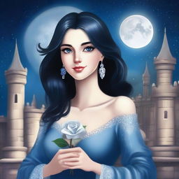 A beautiful woman with black hair and blue eyes is standing in a castle, holding a silver rose