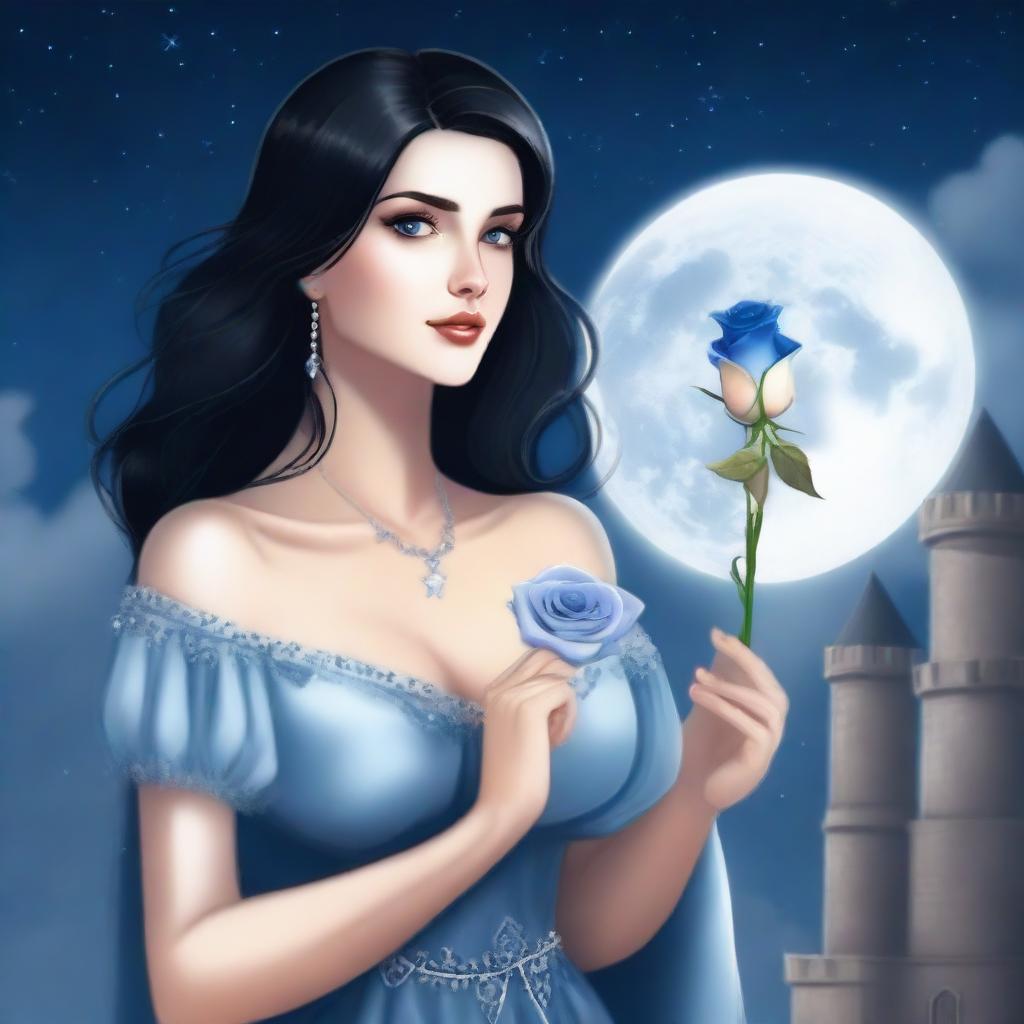 A beautiful woman with black hair and blue eyes is standing in a castle, holding a silver rose