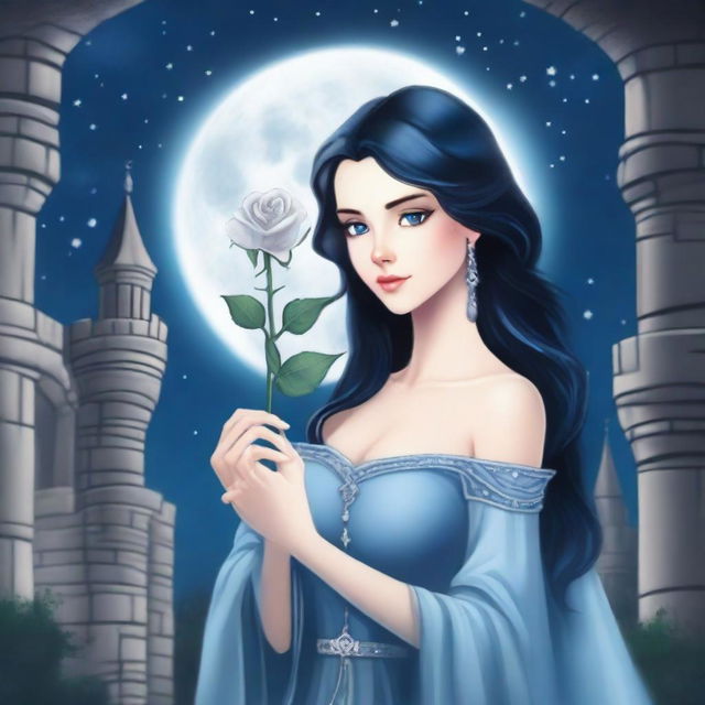 A beautiful woman with black hair and blue eyes is standing in a castle, holding a silver rose