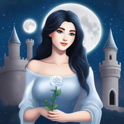 A beautiful woman with black hair and blue eyes is standing in a castle, holding a silver rose