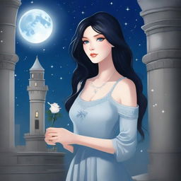 A beautiful woman with black hair and blue eyes is standing in a castle, holding a silver rose