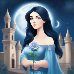 A beautiful woman with black hair and blue eyes is standing in a castle, holding a silver rose