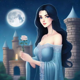 A beautiful woman with black hair and blue eyes is standing in a castle, holding a silver rose