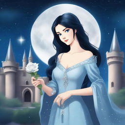 A beautiful woman with black hair and blue eyes is standing in a castle, holding a silver rose