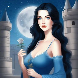 A beautiful woman with black hair and blue eyes is standing in a castle, holding a silver rose