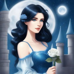 A beautiful woman with black hair and blue eyes is standing in a castle, holding a silver rose