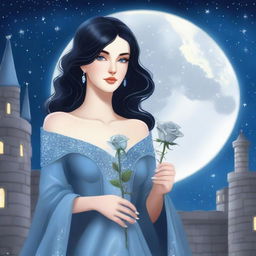 A beautiful woman with black hair and blue eyes is standing in a castle, holding a silver rose