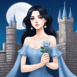 A beautiful woman with black hair and blue eyes is standing in a castle, holding a silver rose