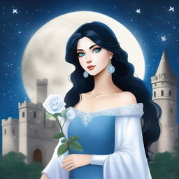 A beautiful woman with black hair and blue eyes is standing in a castle, holding a silver rose