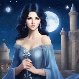 A beautiful woman with black hair and blue eyes is standing in a castle, holding a silver rose