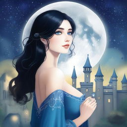 A beautiful woman with black hair and blue eyes is standing in a castle, holding a silver rose