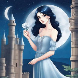 A beautiful woman with black hair and blue eyes is standing in a castle, holding a silver rose