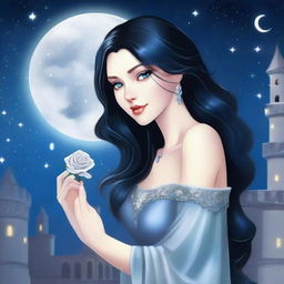 A beautiful woman with black hair and blue eyes is standing in a castle, holding a silver rose