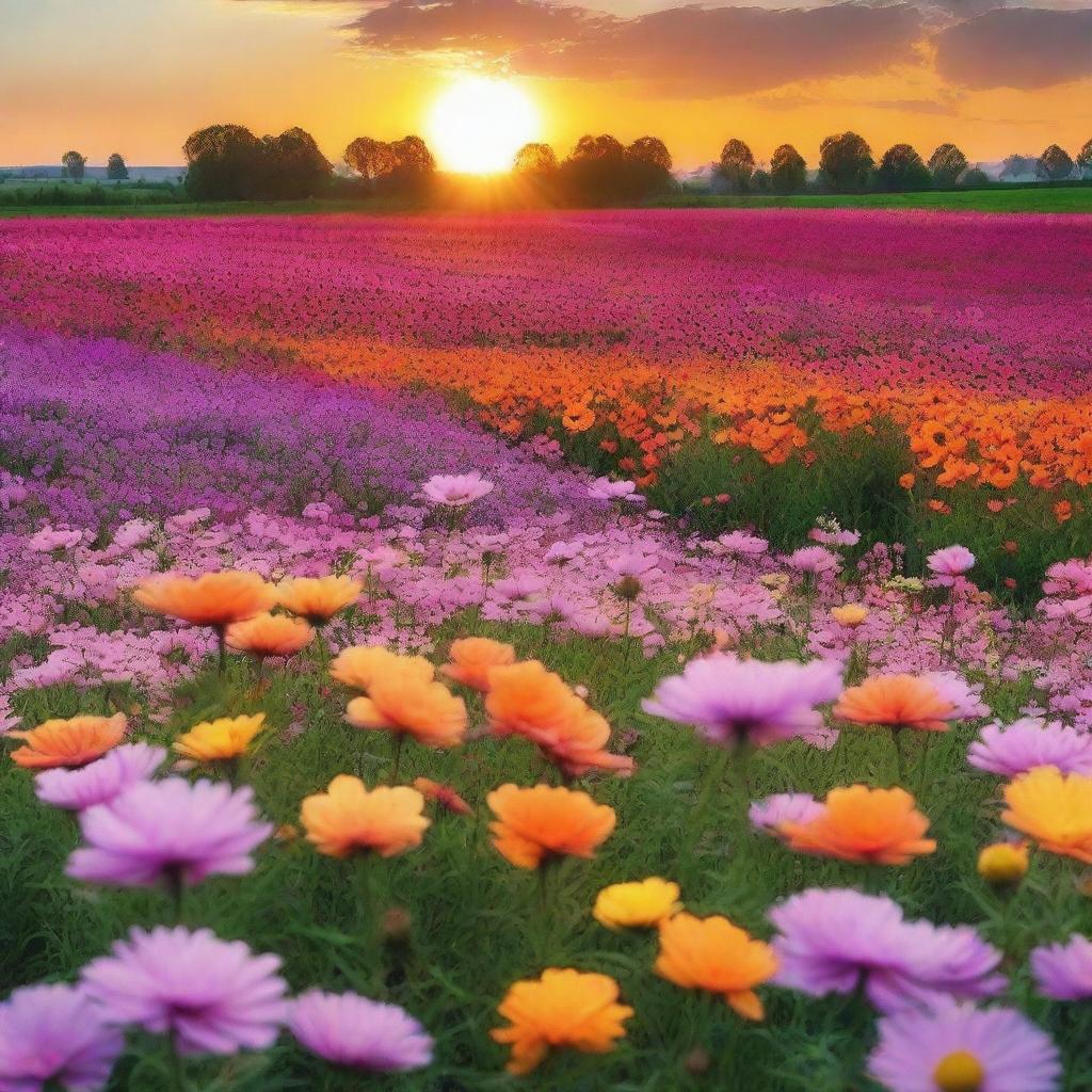 Create an image of a flower field at sunset