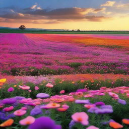 Create an image of a flower field at sunset