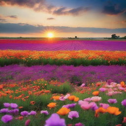 Create an image of a flower field at sunset