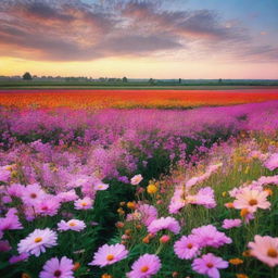 Create an image of a flower field at sunset