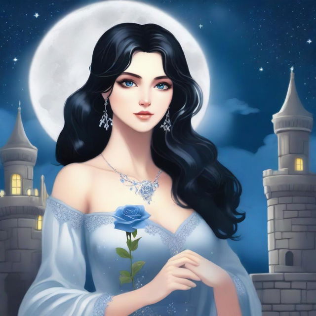 A beautiful woman with black hair and blue eyes is standing in a castle, holding a silver rose