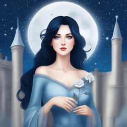 A beautiful woman with black hair and blue eyes is standing in a castle, holding a silver rose