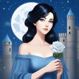 A beautiful woman with black hair and blue eyes is standing in a castle, holding a silver rose