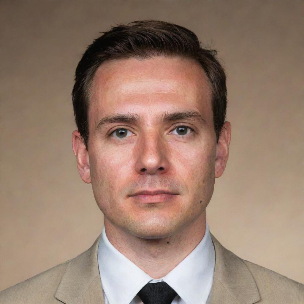 A formal passport photo of a man sporting a khaki suit, a crisp white shirt, and a black tie.