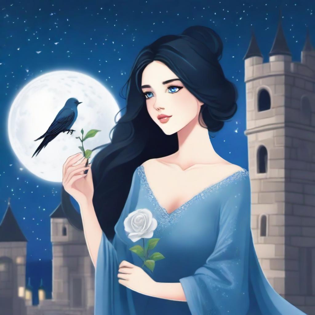 A beautiful woman with black hair and blue eyes is standing in a castle, holding a silver rose and looking to the side