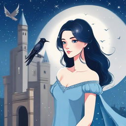 A beautiful woman with black hair and blue eyes is standing in a castle, holding a silver rose and looking to the side