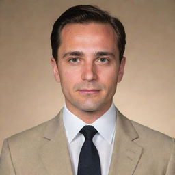 A formal passport photo of a man sporting a khaki suit, a crisp white shirt, and a black tie.