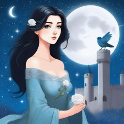 A beautiful woman with black hair and blue eyes is standing in a castle, holding a silver rose and looking to the side