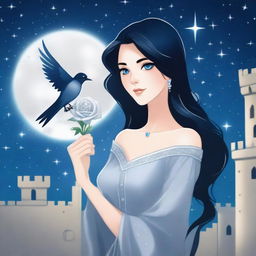 A beautiful woman with black hair and blue eyes is standing in a castle, holding a silver rose and looking to the side