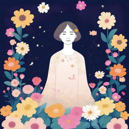 Create an image of a person named Paz surrounded by flowers at night