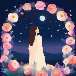 Create an image of a person named Paz surrounded by flowers at night