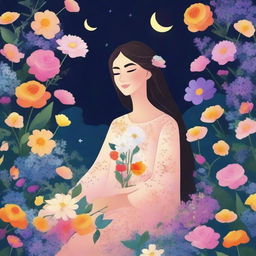 Create an image of a person named Paz surrounded by flowers at night