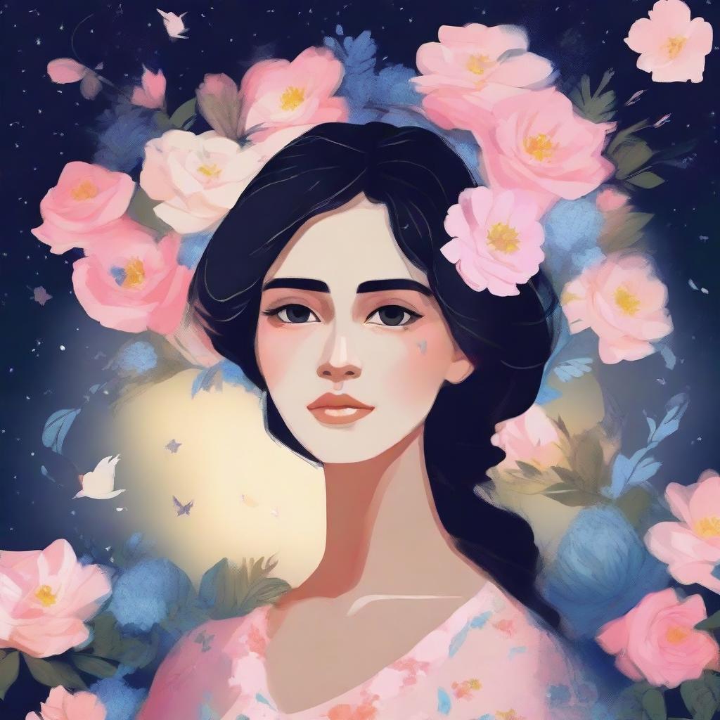 Create an image of a person named Paz surrounded by flowers at night