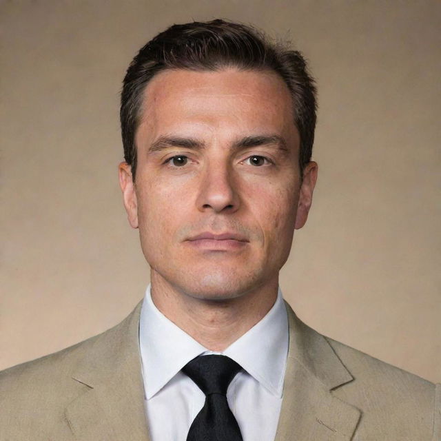 A formal passport photo of a man sporting a khaki suit, a crisp white shirt, and a black tie.