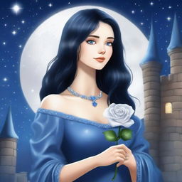 A beautiful woman with black hair and blue eyes is standing in a castle, holding a silver rose