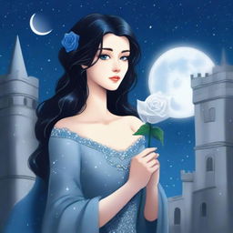 A beautiful woman with black hair and blue eyes is standing in a castle, holding a silver rose