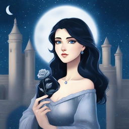 A beautiful woman with black hair and blue eyes is standing in a castle, holding a silver rose