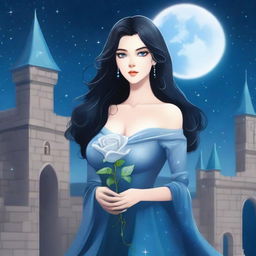 A beautiful woman with black hair and blue eyes is standing in a castle, holding a silver rose