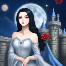 A beautiful woman with black hair and blue eyes is standing in a castle, holding a rose with a silver color