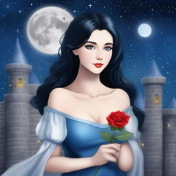 A beautiful woman with black hair and blue eyes is standing in a castle, holding a rose with a silver color