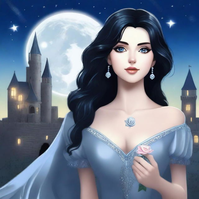 A beautiful woman with black hair and blue eyes is standing in a castle, holding a rose with a silver color