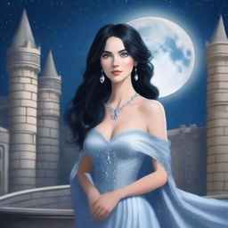 A beautiful woman with black hair and blue eyes, wearing a silver-colored dress, standing in a castle