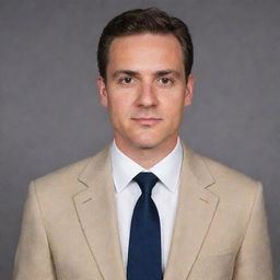 A formal passport photo of a man sporting a khaki suit, a crisp white shirt, and a black tie.