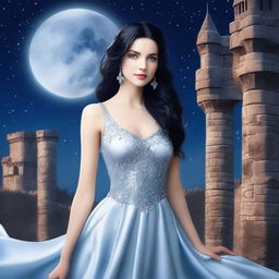 A beautiful woman with black hair and blue eyes, wearing a silver-colored dress, standing in a castle