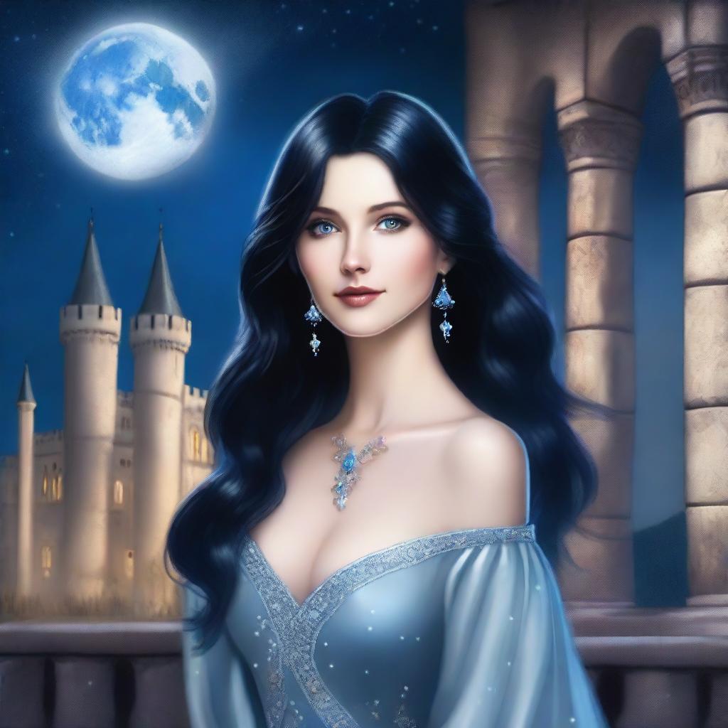 A beautiful woman with black hair and blue eyes, wearing a silver-colored dress, standing in a castle