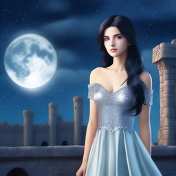 A beautiful woman with black hair and blue eyes, wearing a silver-colored dress, standing in a castle