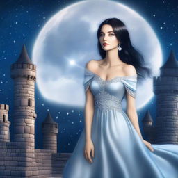 A beautiful woman with black hair and blue eyes, wearing a silver-colored dress, standing in a castle