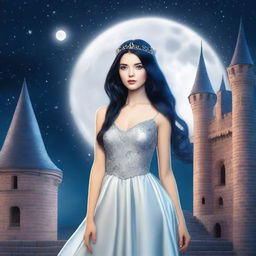 A beautiful woman with black hair and blue eyes, wearing a silver-colored dress, standing in a castle