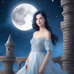 A beautiful woman with black hair and blue eyes, wearing a silver-colored dress, standing in a castle